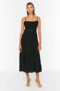 TRENDYOLMİLLA Black Arched with flywheel skater/Waisted Midi Weaving Dress - Image 5
