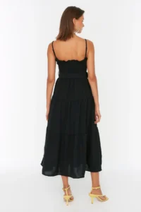 TRENDYOLMİLLA Black Arched with flywheel skater/Waisted Midi Weaving Dress - Image 6