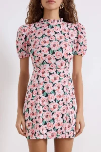 TRENDYOLMİLLA Multicolored A Cut Dog collar flower patterned Super Mini Lined Weaving Dress - Image 3