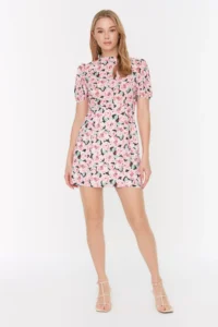 TRENDYOLMİLLA Multicolored A Cut Dog collar flower patterned Super Mini Lined Weaving Dress - Image 5