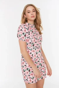TRENDYOLMİLLA Multicolored A Cut Dog collar flower patterned Super Mini Lined Weaving Dress - Image 7