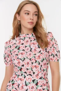 TRENDYOLMİLLA Multicolored A Cut Dog collar flower patterned Super Mini Lined Weaving Dress - Image 8