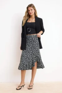 TRENDYOLMİLLA Black Printed Ruffle Detailed and with flywheel High Waist Midi Flexible Knitting Skirt