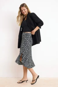 TRENDYOLMİLLA Black Printed Ruffle Detailed and with flywheel High Waist Midi Flexible Knitting Skirt - Image 2