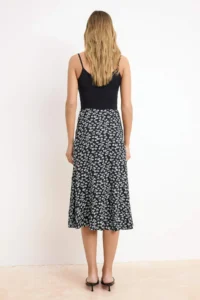 TRENDYOLMİLLA Black Printed Ruffle Detailed and with flywheel High Waist Midi Flexible Knitting Skirt - Image 4