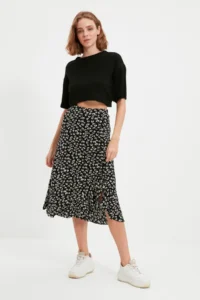 TRENDYOLMİLLA Black Printed Ruffle Detailed and with flywheel High Waist Midi Flexible Knitting Skirt - Image 5