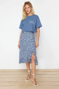TRENDYOLMİLLA Mavi Printed Ruffle Detailed and with flywheel High Waist Midi Flexible Knitting Skirt - Image 2