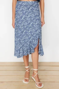 TRENDYOLMİLLA Mavi Printed Ruffle Detailed and with flywheel High Waist Midi Flexible Knitting Skirt - Image 4