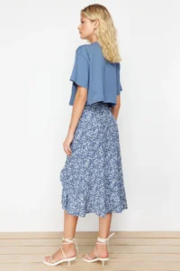 TRENDYOLMİLLA Mavi Printed Ruffle Detailed and with flywheel High Waist Midi Flexible Knitting Skirt - Image 5