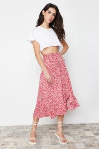 TRENDYOLMİLLA Rejection Printed Shirt Detailed and with flywheel High Waist Flexible Skirt