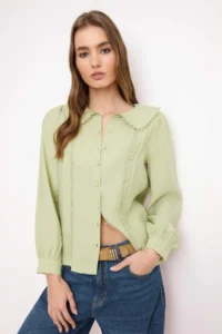 TRENDYOLMİLLA Mint Lace Detailed Baby Collar Regular Normal Pattern Weaving Shirt
