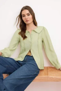 TRENDYOLMİLLA Mint Lace Detailed Baby Collar Regular Normal Pattern Weaving Shirt - Image 2