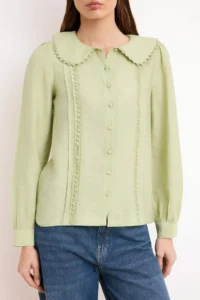 TRENDYOLMİLLA Mint Lace Detailed Baby Collar Regular Normal Pattern Weaving Shirt - Image 3