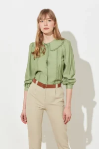 TRENDYOLMİLLA Mint Lace Detailed Baby Collar Regular Normal Pattern Weaving Shirt - Image 6