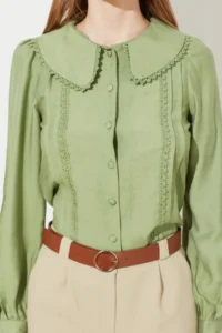 TRENDYOLMİLLA Mint Lace Detailed Baby Collar Regular Normal Pattern Weaving Shirt - Image 7