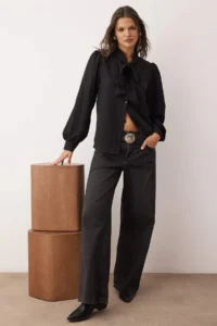 TRENDYOLMİLLA Black Boho Oversized Weaving Shirt with Scarf Detail on Collar - Image 2