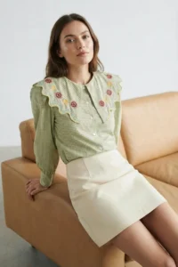 TRENDYOLMİLLA Green Embroidery Detailed seersucker Material Regular Normal Pattern Weaving Shirt