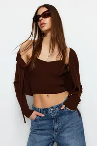 TRENDYOLMİLLA Brown Crop Binding Detailed Blouse-Cardigan Knitwear Set