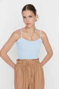 TRENDYOLMİLLA Light Blue Crop Binding Detailed Blouse-Cardigan Knitwear Set - Image 2