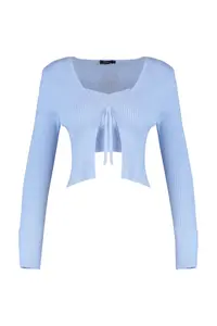 TRENDYOLMİLLA Light Blue Crop Binding Detailed Blouse-Cardigan Knitwear Set - Image 7