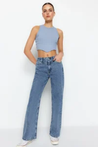 TRENDYOLMİLLA Dark Blue Waist Detailed High Waist Wide Leg jeans