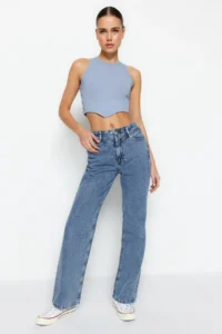 TRENDYOLMİLLA Dark Blue Waist Detailed High Waist Wide Leg jeans - Image 2