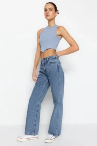 TRENDYOLMİLLA Dark Blue Waist Detailed High Waist Wide Leg jeans - Image 3