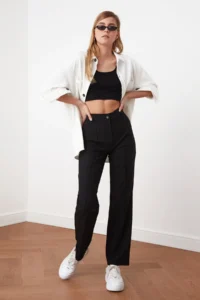 TRENDYOLMİLLA Black Straight/Plain Cut High Waist Ribbed Stitched Weaving Pants