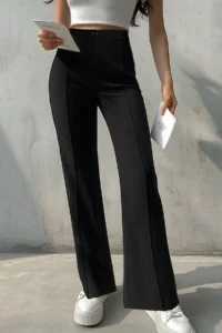TRENDYOLMİLLA Black Straight/Plain Cut High Waist Ribbed Stitched Weaving Pants - Image 2