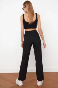 TRENDYOLMİLLA Black Straight/Plain Cut High Waist Ribbed Stitched Weaving Pants - Image 3