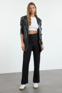 TRENDYOLMİLLA Black Straight/Plain Cut High Waist Ribbed Stitched Weaving Pants - Image 4
