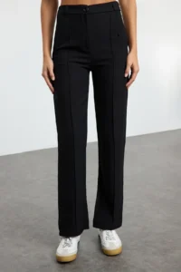 TRENDYOLMİLLA Black Straight/Plain Cut High Waist Ribbed Stitched Weaving Pants - Image 6