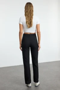 TRENDYOLMİLLA Black Straight/Plain Cut High Waist Ribbed Stitched Weaving Pants - Image 8