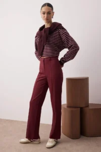 TRENDYOLMİLLA Burgundy Straight/Plain Cut High Waist Ribbed Stitched Weaving Pants - Image 2