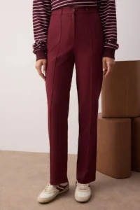 TRENDYOLMİLLA Burgundy Straight/Plain Cut High Waist Ribbed Stitched Weaving Pants - Image 3