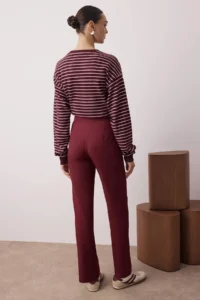 TRENDYOLMİLLA Burgundy Straight/Plain Cut High Waist Ribbed Stitched Weaving Pants - Image 4