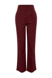 TRENDYOLMİLLA Burgundy Straight/Plain Cut High Waist Ribbed Stitched Weaving Pants - Image 5