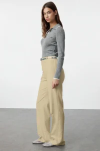 TRENDYOLMİLLA Beige Straight/Plain Cut High Waist Ribbed Stitched Weaving Pants - Image 2