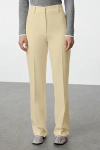 TRENDYOLMİLLA Beige Straight/Plain Cut High Waist Ribbed Stitched Weaving Pants - Image 3