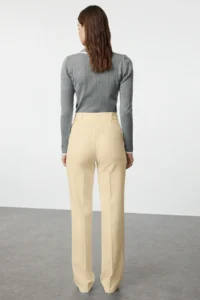 TRENDYOLMİLLA Beige Straight/Plain Cut High Waist Ribbed Stitched Weaving Pants - Image 5