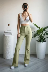TRENDYOLMİLLA Green Straight/Plain Cut High Waist Ribbed Stitched Weaving Pants - Image 2