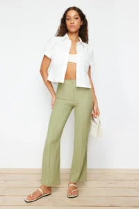 TRENDYOLMİLLA Green Straight/Plain Cut High Waist Ribbed Stitched Weaving Pants - Image 3