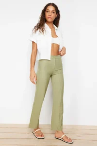 TRENDYOLMİLLA Green Straight/Plain Cut High Waist Ribbed Stitched Weaving Pants - Image 4