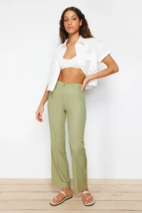 TRENDYOLMİLLA Green Straight/Plain Cut High Waist Ribbed Stitched Weaving Pants - Image 5