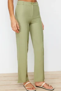 TRENDYOLMİLLA Green Straight/Plain Cut High Waist Ribbed Stitched Weaving Pants - Image 6