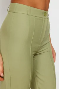TRENDYOLMİLLA Green Straight/Plain Cut High Waist Ribbed Stitched Weaving Pants - Image 7
