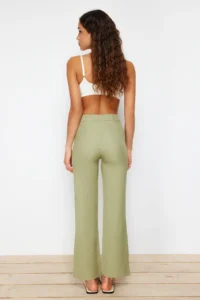 TRENDYOLMİLLA Green Straight/Plain Cut High Waist Ribbed Stitched Weaving Pants - Image 8
