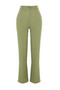 TRENDYOLMİLLA Green Straight/Plain Cut High Waist Ribbed Stitched Weaving Pants - Image 9
