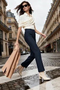 TRENDYOLMİLLA Navy Blue Straight/Plain Cut High Waist Ribbed Stitched Weaving Pants