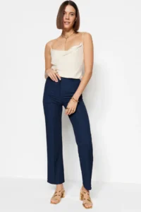 TRENDYOLMİLLA Navy Blue Straight/Plain Cut High Waist Ribbed Stitched Weaving Pants - Image 2
